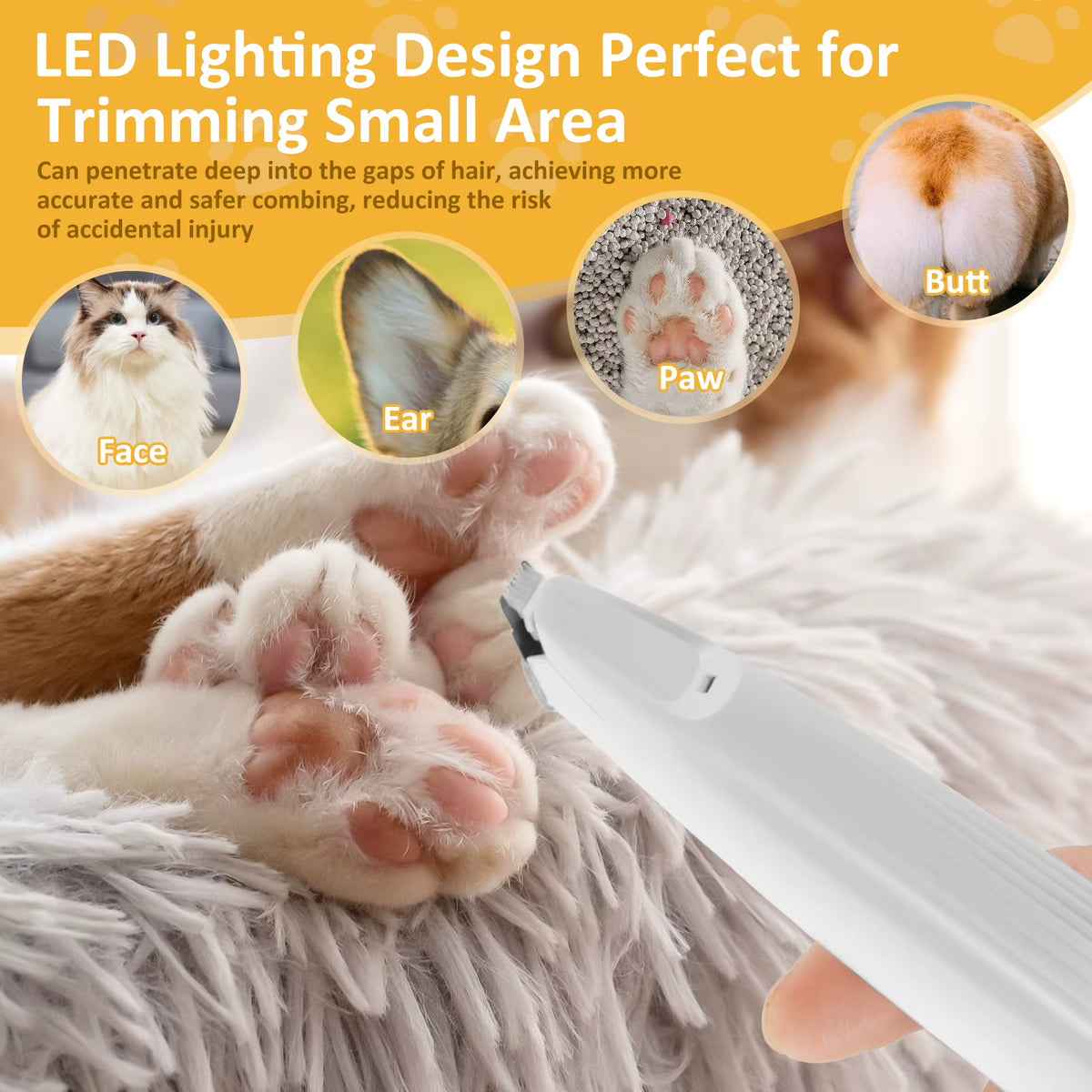 Professional Quiet Paw Trimmer for Dogs and Cats – Rechargeable with LED Light and Low Noise Technology